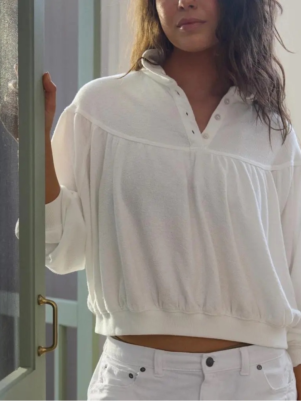 White Cozy Aerie Soft Life Button Sweater relaxed fit